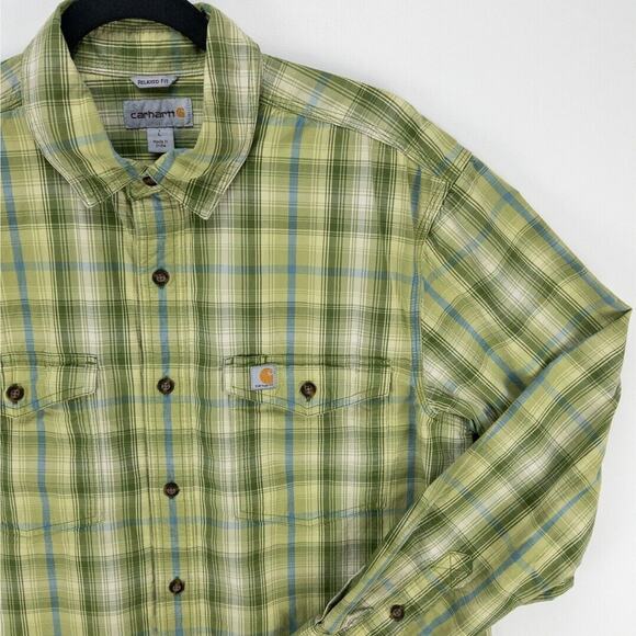 Carhartt Plaid Long Sleeve Men's Large Relaxed Fit Green Blue Button Up Casual - Picture 5 of 12